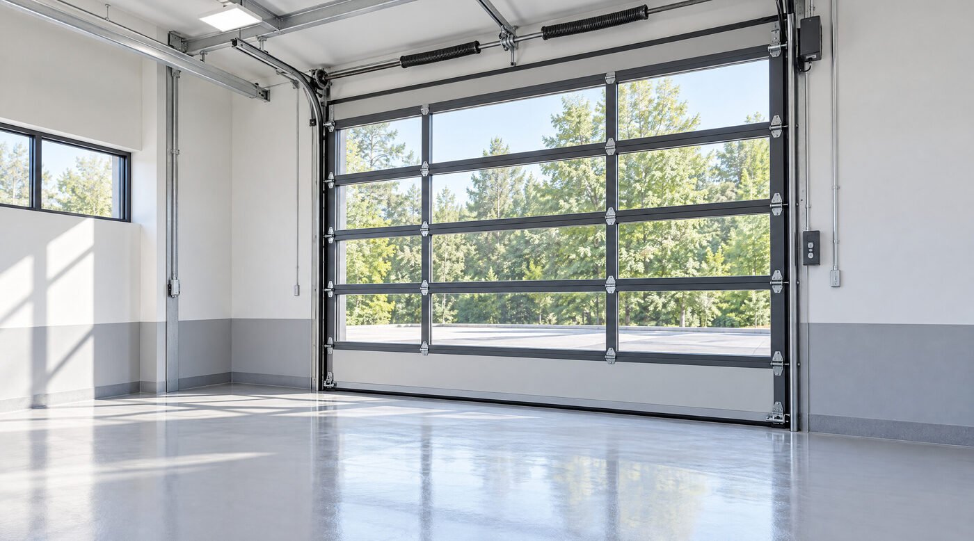 Sektionaltor mit Panoramaverglasung in einer Werkstatthalle